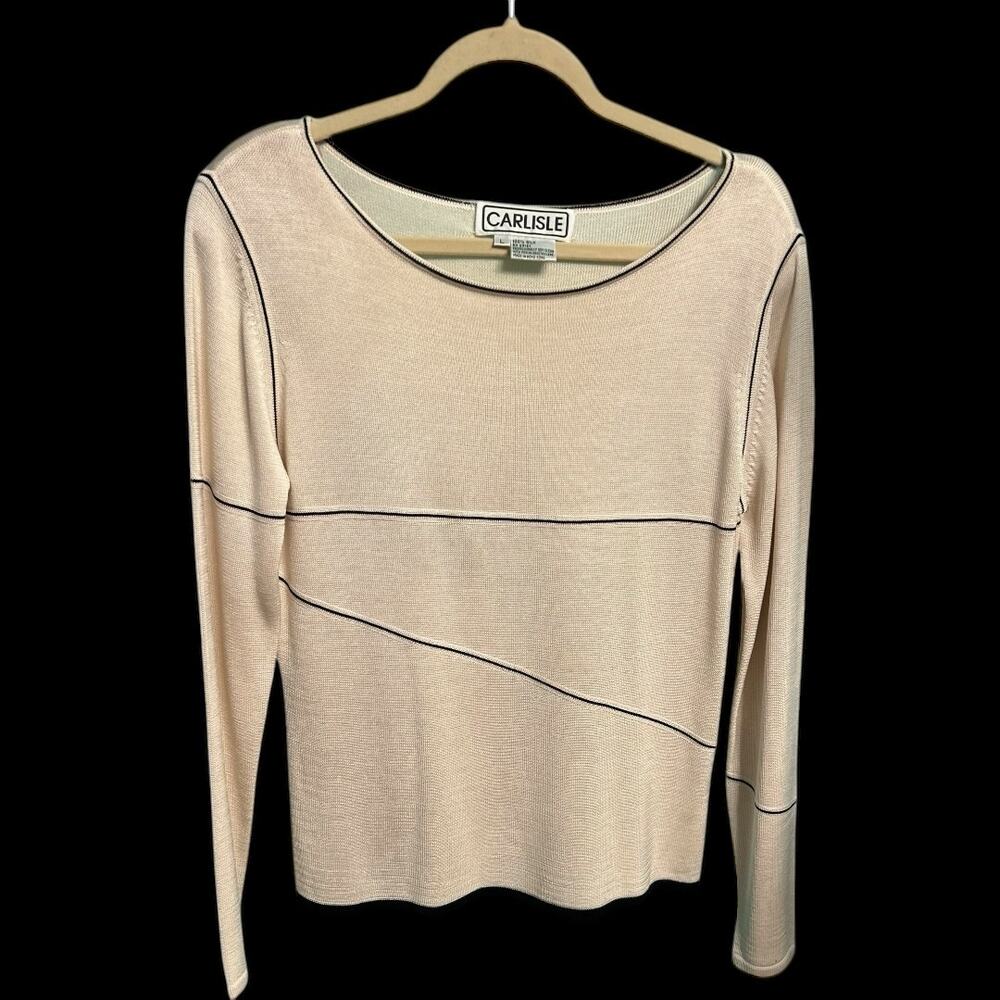 EUC Carlisle 100% Silk Knit Cream with Simple Black Abstract Lines Sweater Large